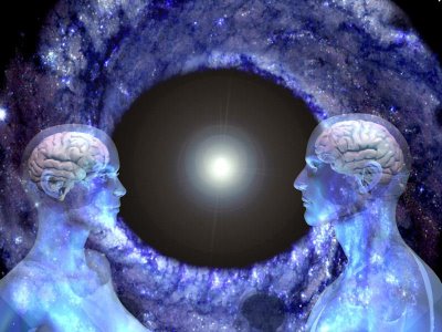 Two etheric people communicating in a telepathic conscious connected way which help them understand more of who they are