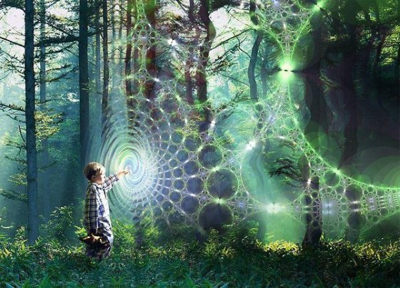 Boy putting his hand trough the web of his beliefs which create his reality