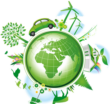 Green Earth with symbols of sustainability and a new economy surrounding it