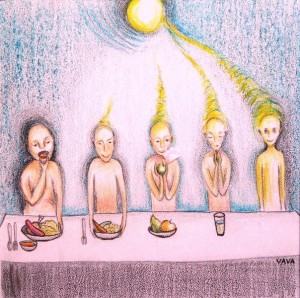Beings in a line each eating less dense food and absorbing more light and free energy demostrating the importance of listening to your body