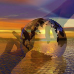 Fingers of hands touching in a transparent Earth symbolizing the Laws of Creation