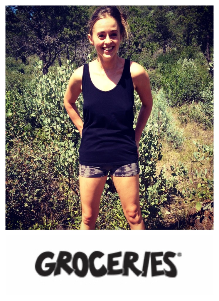 Bridget Nielsen playfully modeling groceries organic cotton clothing