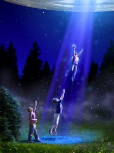 Two going up light beam from UFO