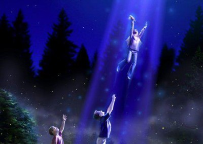 Two going up light beam from UFO